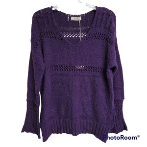 Elan Plum Purple Crochet Knit V-neck Sweater